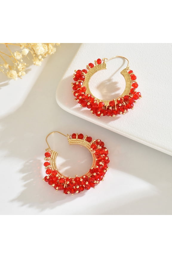 Red Handmade Beaded Earrings - 1 Pair, 2.36 * 1.97 Inches, Lightweight Handmade Geometric Bead Pendant Jewelry, Suitable For Daily Wear And Matching