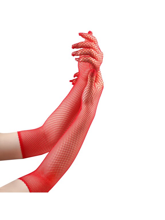 Red Long Mesh Gloves -2 Pairs, Elastic Arm Covers, Women'S Single Size Elastic Fishing Net Gloves, Suitable For Parties, Tea Parties, And Daily Wear