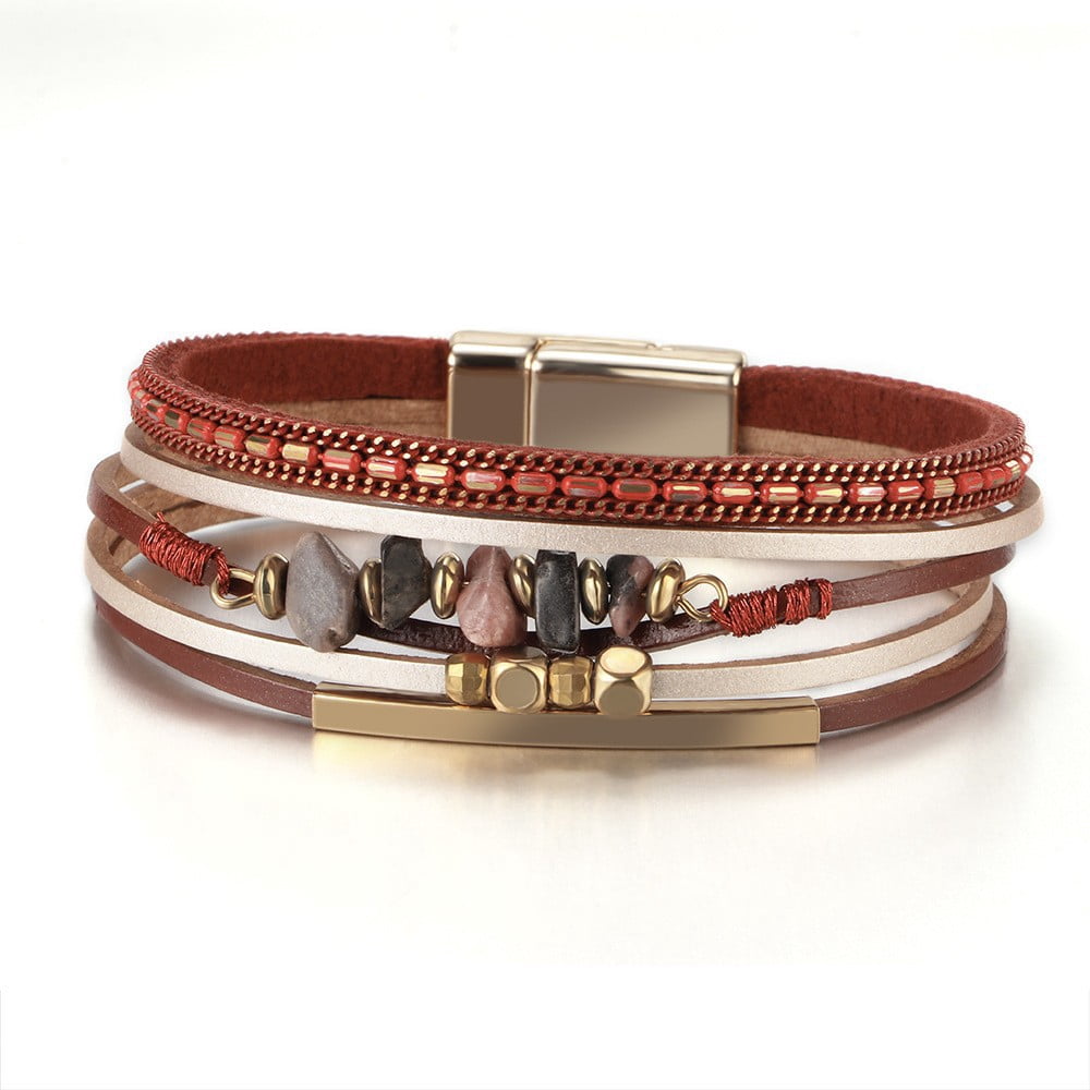 Red Natural Stone Artificial Leather Bracelet -1 piece, 7.68-inch long multi-layer woven leather cuffs, vintage layered open bracelet, suitable for daily beach wear accessories