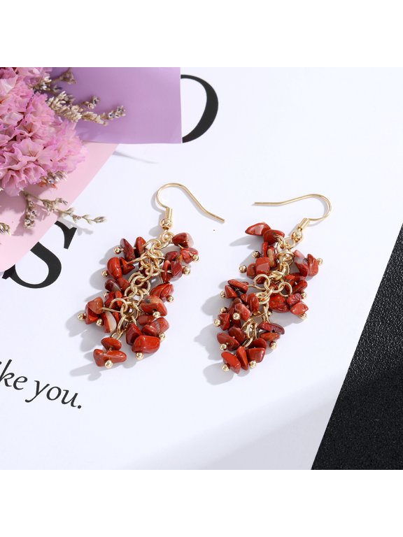 Red Stone Crystal Pendant Earrings - 1 Pair, 2.17 Inches Long, Irregular Natural Stone Earrings, Handmade Crystal Stone Yoga Meditation Lightweight Women's Earrings