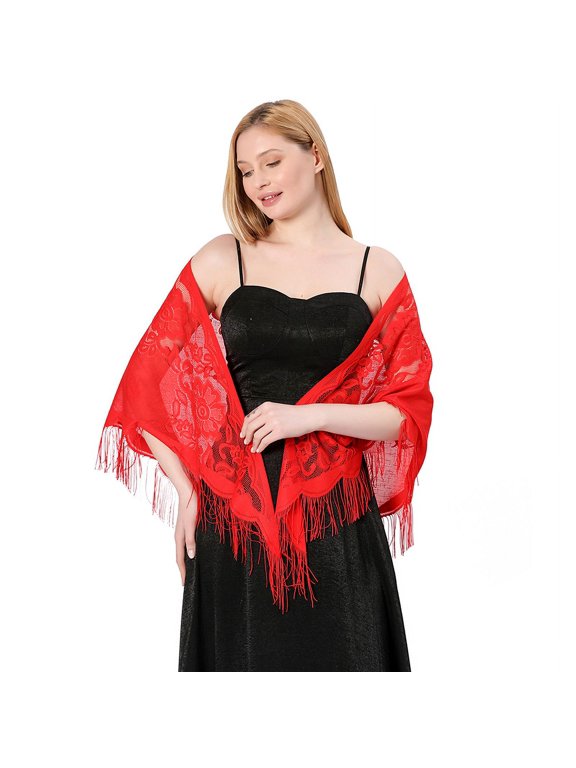 Red Triangle Lace Shawl Scarf -1 Piece, 70.87 27.56 Inches, Lace Tassel Shawl For Parties, Lightweight And Breathable Mesh Shawl With Tassel Decoration