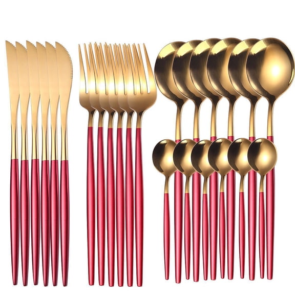 Xiao Hua Red handle stainless steel cutlery set 24 pieces (6 people), complete set of forks, knives, spoons, teaspoons, kitchen utensils set, suitable for dinners and holiday gatherings