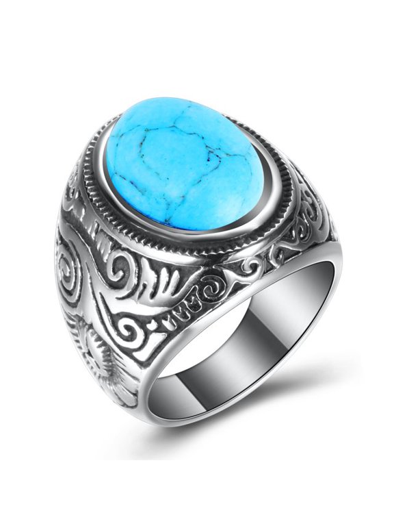 Retro Natural Stone Men's Ring, Blue Onyx Men's Ring, Stainless Steel Oval Ring, Size 10, 1 piece
