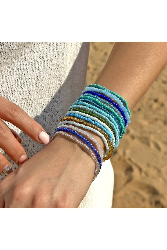 Seed Bead Bead Bracelet -16 piece set, blue stackable elastic bracelet, suitable for daily wear during summer beach vacations and travel, suitable for any wrist size