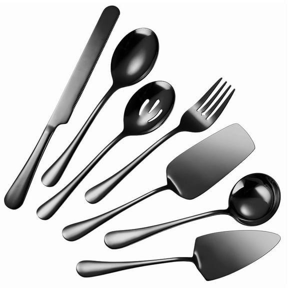 Xiao Hua Stainless Steel 12 inch Knife, Fork, Spoon Western Restaurant Public Tableware Cake Shovel Hotel Supplies Gold and Silver Public Spoon 7-piece Set, black