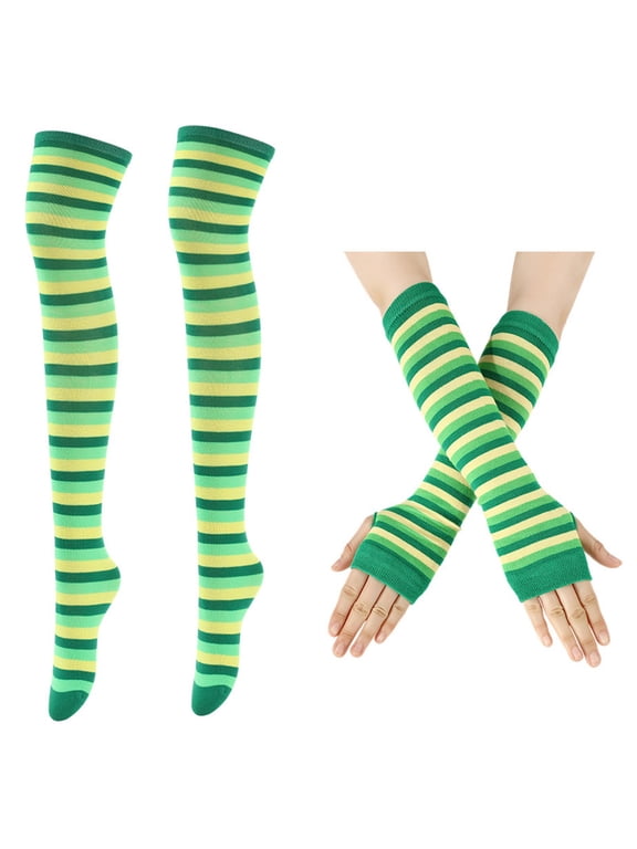 Striped Knitted Socks And Gloves Set, Machine Washable, Suitable For Casual Wear, Role-Playing, Holidays, And Daily Office Use, 2-Piece Set (Socks+Gloves), Style 35