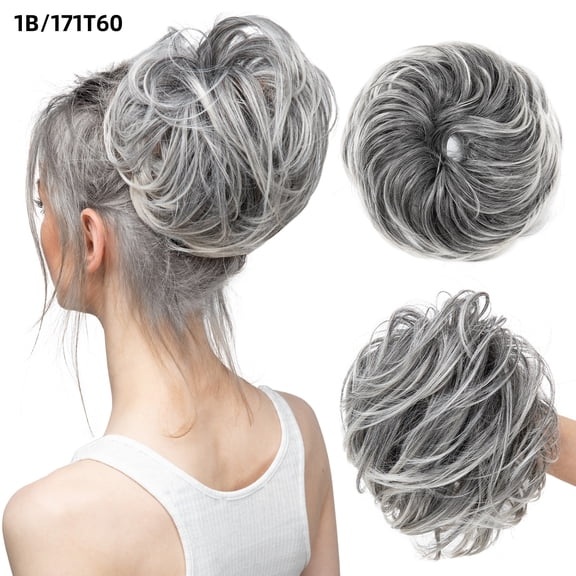 Xiao Hua Wave Curl Wig Hair Ring -7.8 inches Gray White Messy Hair Bundle, 3 pieces - Wave Curl Elastic Hair Bundle, Thick Natural Style Hair Bundle, Formal Activity Wig Hair Ring