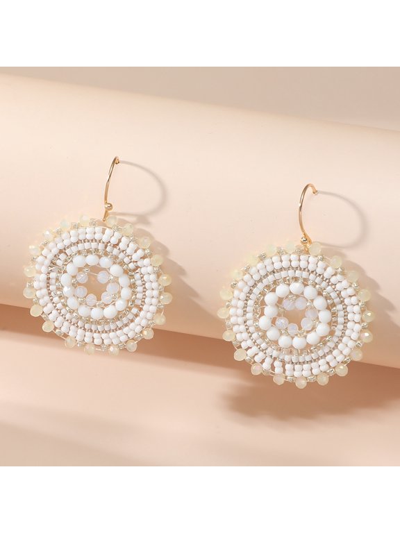 White Handmade Seed Bead Earrings - 1 Pair, 1.97 * 1.57 Inches, Lightweight Handmade Geometric Bead Pendant Jewelry, Suitable For Daily Wear And Matching