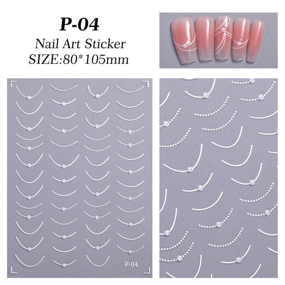 Xiao Hua White line pearl pattern self-adhesive nail stickers -5 sheets, 4.13 * 3.15in personalized theme nail stickers, DIY nail art crafts gift packaging decoration