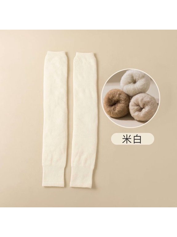 Women's Warm Leg Socks, 1 pair of off white 22 inch long plush thick elastic warm leg socks, wool lined warm knitted socks, windproof knitted socks, suitable for outdoor warm socks