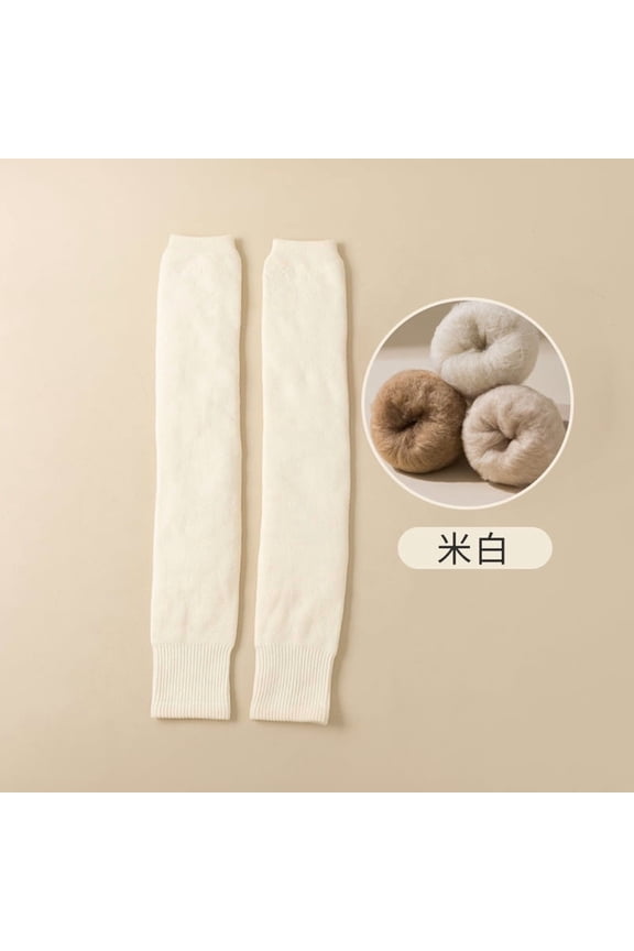 Women's Warm Leg Socks, 1 pair of off white 22 inch long plush thick elastic warm leg socks, wool lined warm knitted socks, windproof knitted socks, suitable for outdoor warm socks