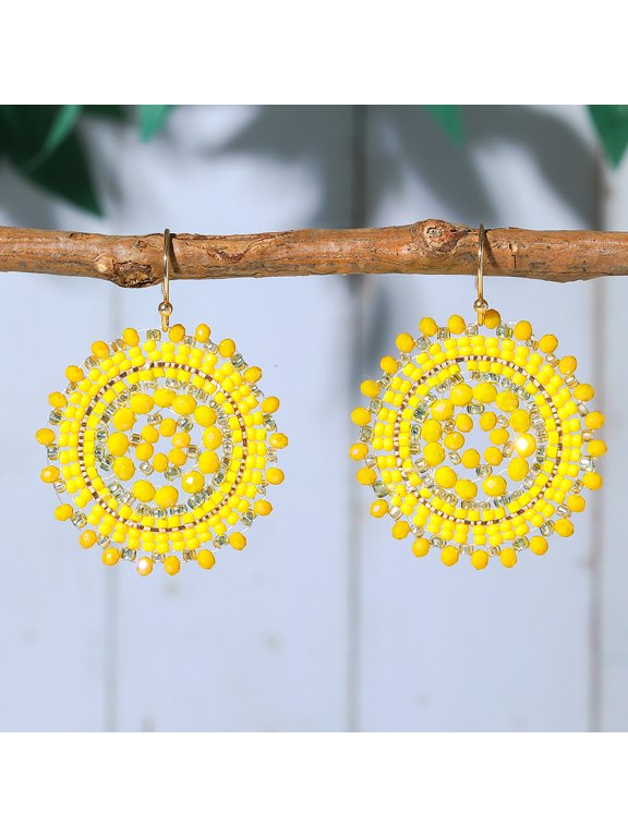 Yellow Handmade Seed Bead Earrings - 1 Pair, 1.97 * 1.57 Inches, Lightweight Handmade Geometric Bead Pendant Jewelry, Suitable For Daily Wear And Matching
