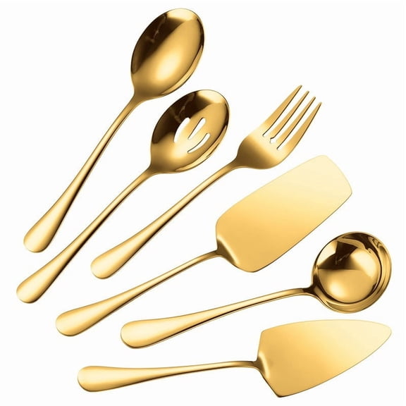 Xiao Hua banquet service set, 6-piece golden stainless steel tableware, buffet tableware with service spoon, professional kitchen service tools for restaurant and hotel banquets