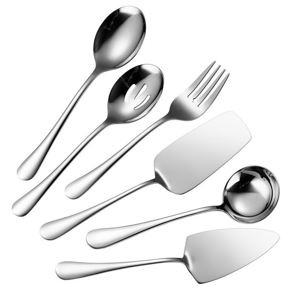 Xiao Hua banquet service set, 6-piece silver stainless steel tableware, buffet tableware with service spoon, professional kitchen service tools for restaurant and hotel banquets