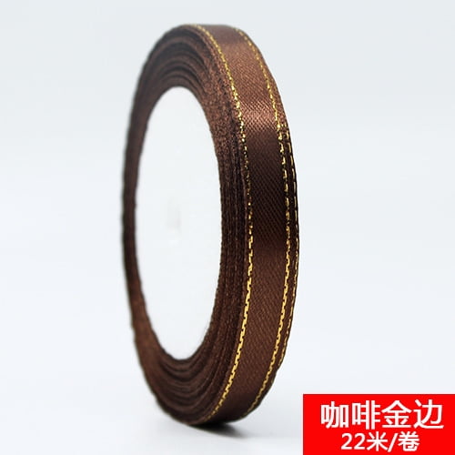Xiao Hua gold edged brown ribbon -2 pieces, 0.39 inches wide and 22 meters long, wedding bouquet ribbon and event, craft, and gift party decoration ribbon