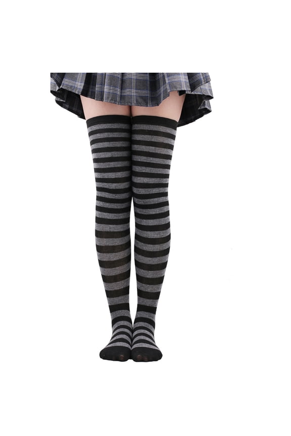 gray black striped long socks -1 pair, one size fits all, knitted cotton extra long warm socks, elastic and comfortable, suitable for Christmas, party and holiday wear