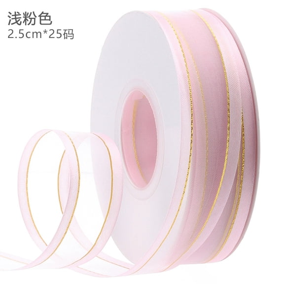 Xiao Hua light pink decorative ribbon, 2 pieces 0.98 inches wide, 25 yards long - transparent ribbon with gold border, used for gift packaging and holiday decoration
