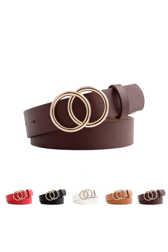 retro women's faux leather belt, simple solid color double ring design, adjustable belt, brown, 1 piece, 43.13 inches long