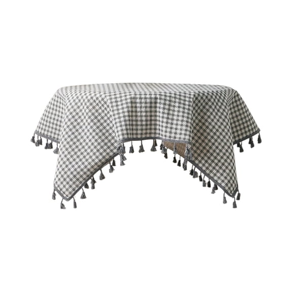 Xiao Hua square grid tablecloth, made of French retro cotton and linen material, with tassels, washable, suitable for farmhouse style home decoration -35.4x35.4 inches, 1 piece, gray