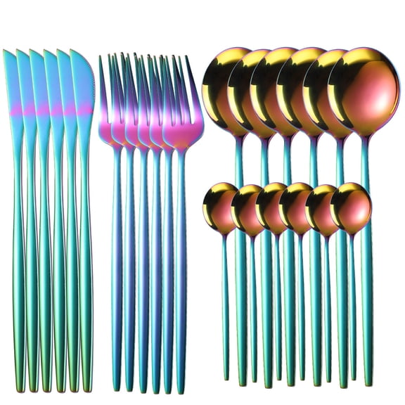 Xiao Hua stainless steel cutlery set of 24 pieces (6 people), complete set of forks, knives, spoons, teaspoons, kitchen utensils set, suitable for dinners and holiday gatherings, Colorful