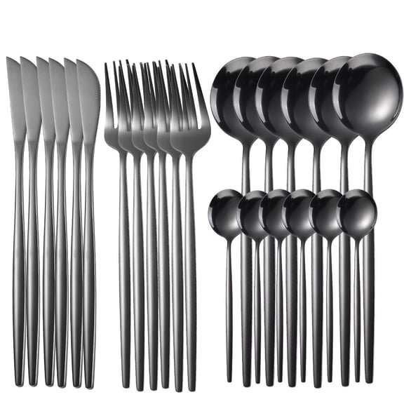 Xiao Hua stainless steel cutlery set of 24 pieces (6 people), complete set of forks, knives, spoons, teaspoons, kitchen utensils set, suitable for dinners and holiday gatherings, Black