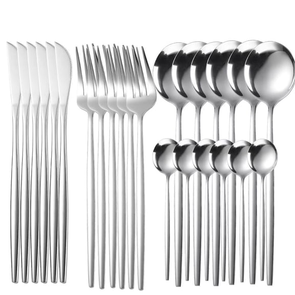 Xiao Hua stainless steel cutlery set of 24 pieces (6 people), complete set of forks, knives, spoons, teaspoons, kitchen utensils set, suitable for dinners and holiday gatherings, silver