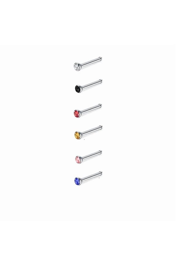 straight nose nail set -6-piece set, 0.8mm 20G stainless steel rhinestone nose nail, body piercing accessory, comfortable and suitable for daily wear by men and women,