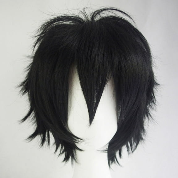 Xiao Hua straight tube fluffy wig, 1 piece - black 11.8-inch men's short wig, asymmetrical side, heat-resistant synthetic fiber texture short hair wig, easy to wear party wig