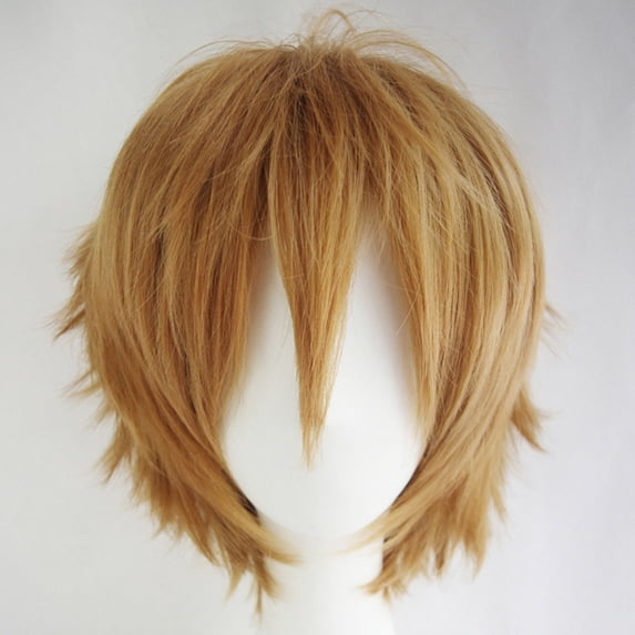 Xiao Hua straight tube fluffy wig, 1 piece - light brown 11.8-inch men's short wig, asymmetrical side, heat-resistant synthetic fiber texture short hair wig, easy to wear party wig
