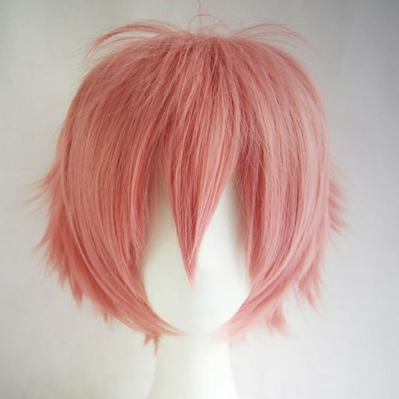 Xiao Hua straight tube fluffy wig, 1 piece - pink 11.8-inch men's short wig, asymmetrical side, heat-resistant synthetic fiber texture short hair wig, easy to wear party wig