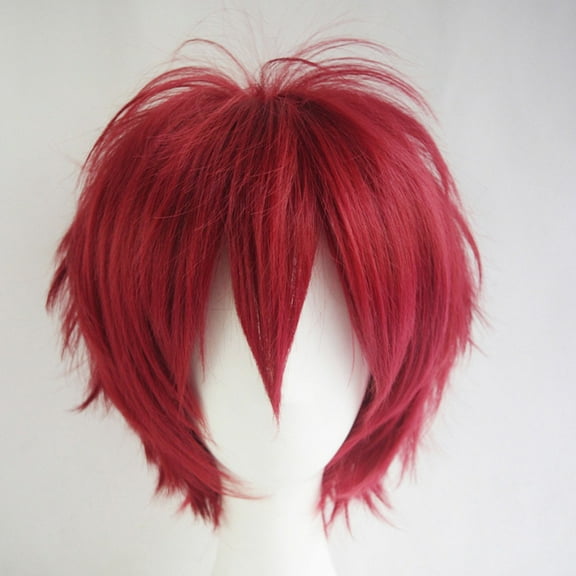 Xiao Hua straight tube fluffy wig, 1 piece - wine red 11.8-inch men's short wig, asymmetrical side, heat-resistant synthetic fiber texture short hair wig, easy to wear party wig