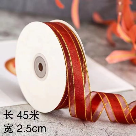 Xiao Hua wine red gold border ribbon -2 rolls, 0.98 inches wide, 50 yards long semi transparent ribbon, transparent gift packaging ribbon, used for crafts, decoration, and gifts