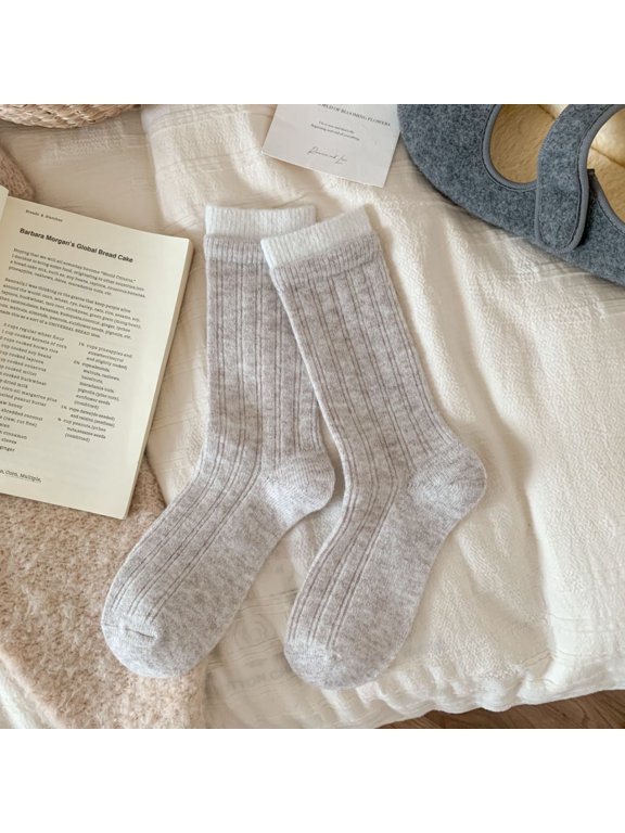 women's double ribbed mid length socks, 3 pairs of off white one size fits all warm casual socks, thick round neck socks, suitable for winter warm and comfortable knitted socks