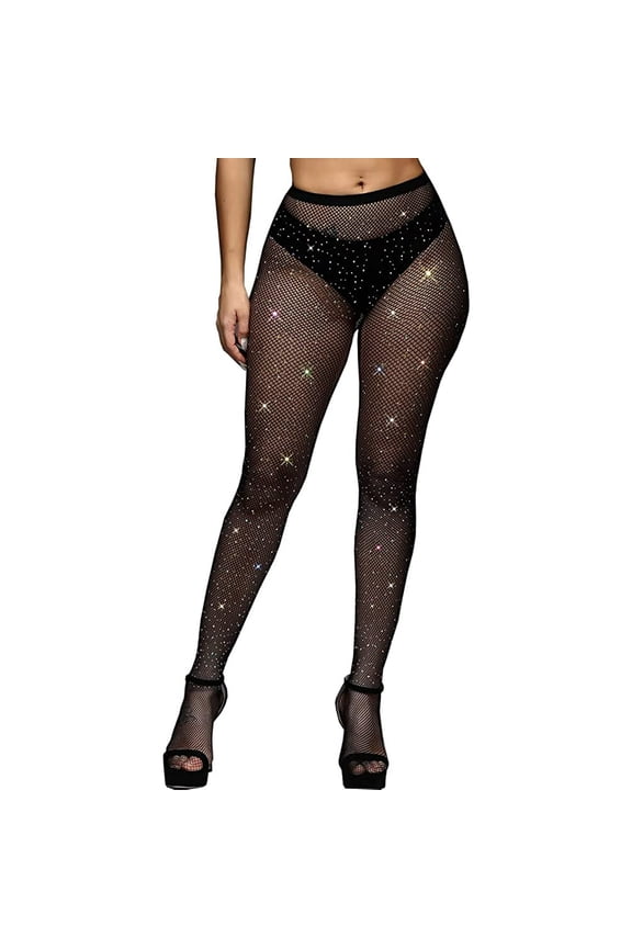 women's hollowed out rhinestone pantyhose, shiny fishing net sexy leggings, high waisted stockings, black, 1 pair