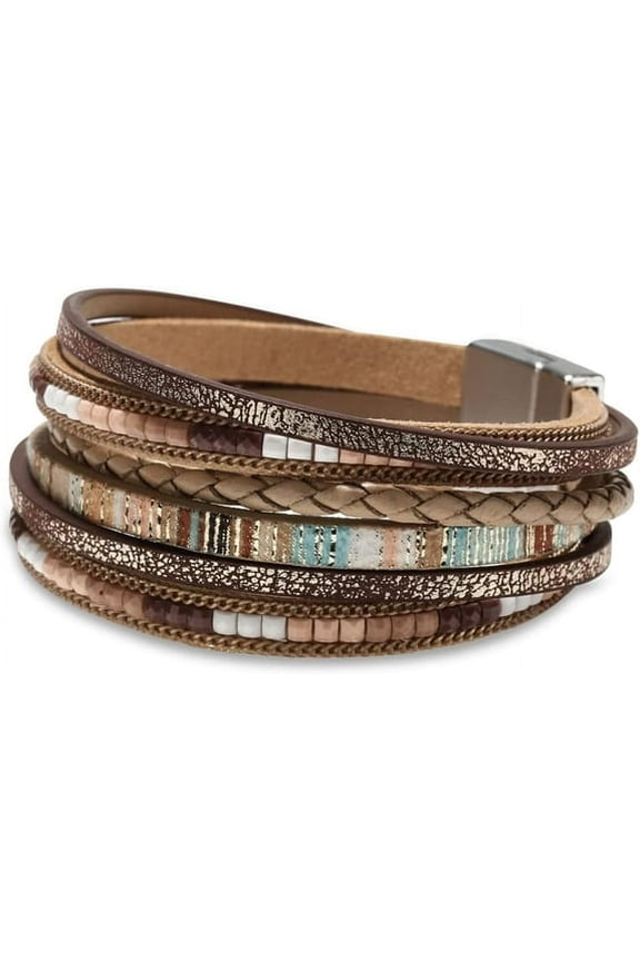 women's leather wrapped bracelet, Bohemian leopard print multi-layer crystal bead bracelet accessory, 1 piece, khaki color