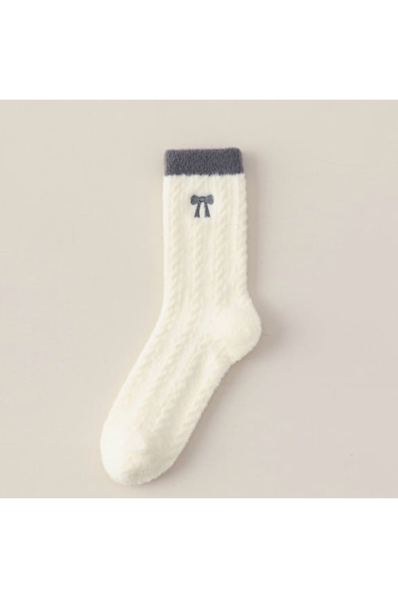 women's slipper socks, 3 pairs of grey one size fits all warm sleeping socks, thick velvet round neck bow embroidered socks, suitable for comfortable winter woolen socks