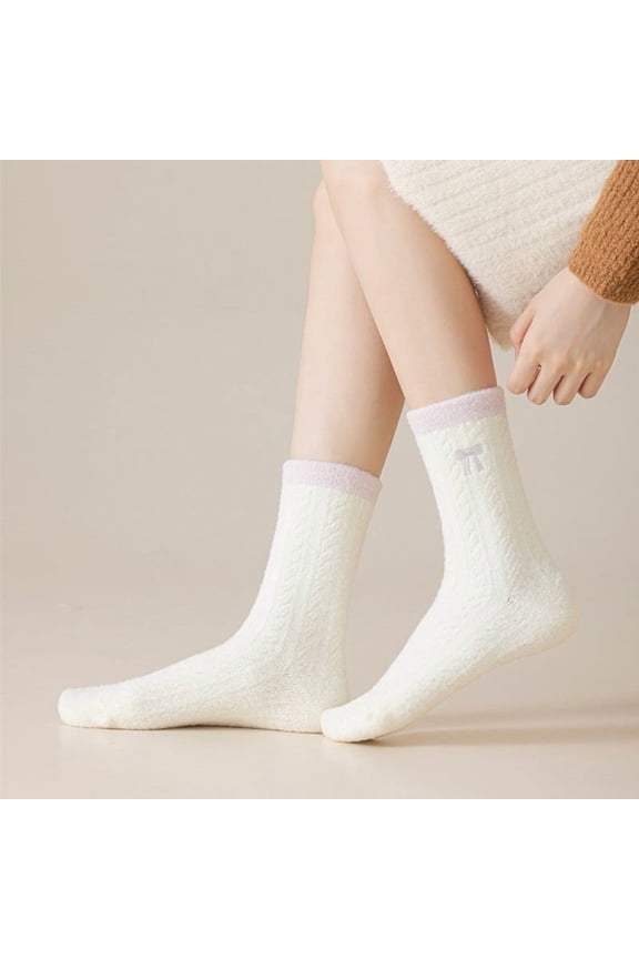 women's slipper socks, 3 pairs of pink one size fits all warm sleeping socks, thick velvet round neck bow embroidered socks, suitable for comfortable winter woolen socks