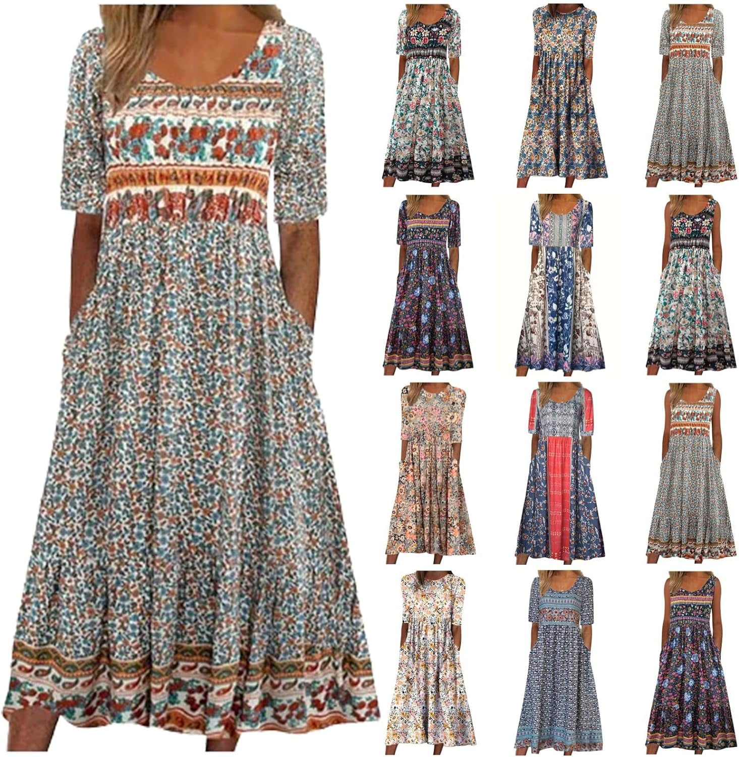 XiaoBanDeng Boho Dresses for Women Plus Size Dress Floral Bohemian ...