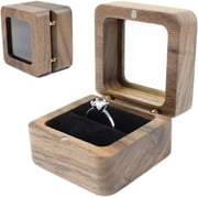 XiaoBanDeng DSHOM Rustic Square Wooden Jewelry Ring Box Transparent Lid Couple Rings Box for Engagement Wedding Box Two Slots Black Velvet