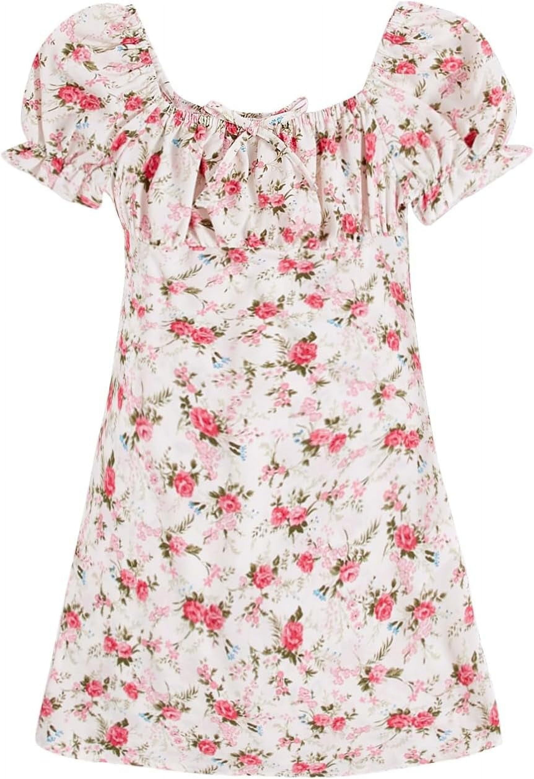 XiaoBanDeng Girl's Floral Print Puff Sleeve Square Neck Shirred Swing A ...