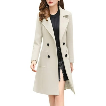 XiaoBanDeng Women Elegant Notched Collar Double Breasted Wool Blend Over Coat