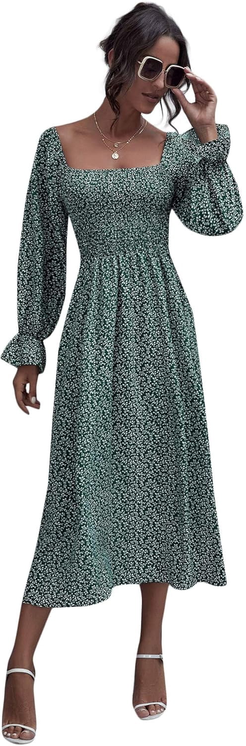 Holipick Women's Boho Maxi Dress - Square Neck, Smocked Top, Puff Long Sleeves, Flowy A-Line