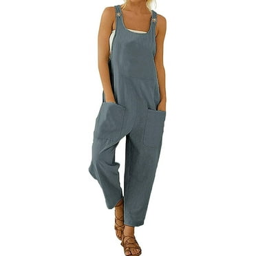 XiaoBanDeng Women's Casual Sleeveless Loose Lightweight Embroider Baggy Suspender Linen Overalls Jumpsuits with Pocket