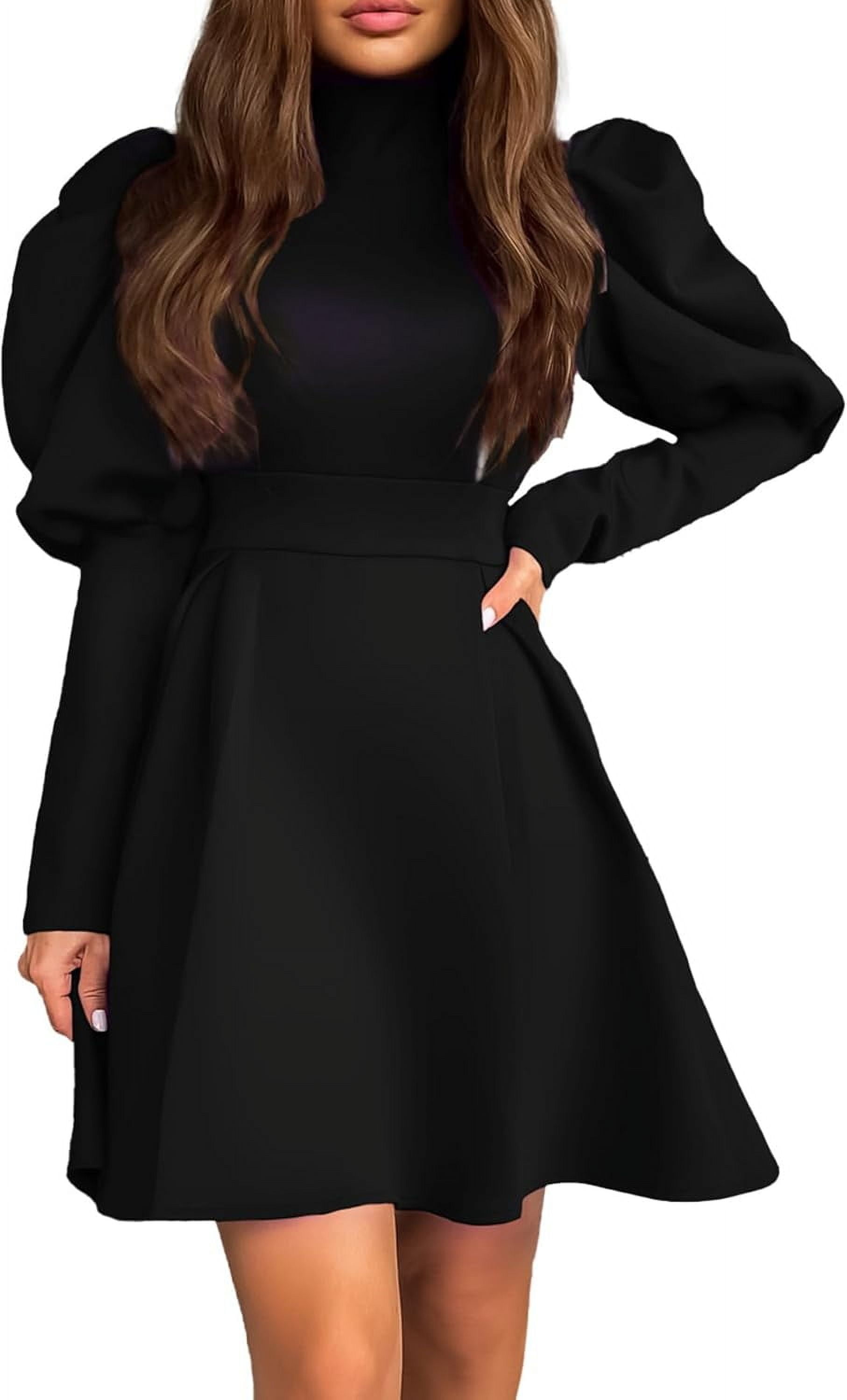OPOIPIN Women's Mock Neck Pleated Short Dress - Puff Sleeve, Tie Waist, A-Line Casual Black Dress For Parties & Daily Wear - View #14