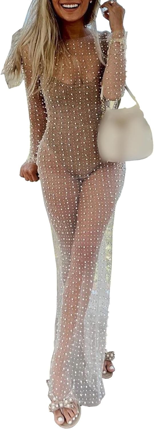 XiaoBanDeng Women's Rhinestone Mesh Cover Ups Long Sleeve Fake Pearl Bubble Bead Crystral See
