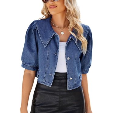 XiaoBanDeng Women's Summer Button Down Cropped Denim Jacket Bishop Sleeve Jean Shirt Bussiness Casual Tops
