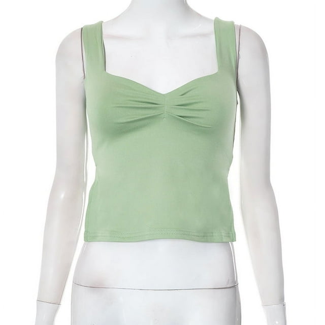 XiaoBanDeng Women's Summer Solid Color Square Collar Tie Pleated Revealing Back Vest Top T -Shirt