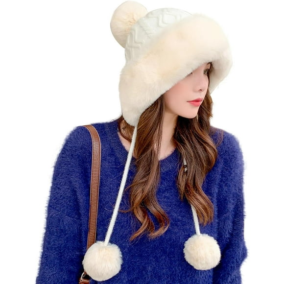 XiaoBanDeng Womens Fur Hats with Pompom for Winter Warm Knit Beanie Skull Cap Russian Ushanka Trapper Hat with Ear Cover