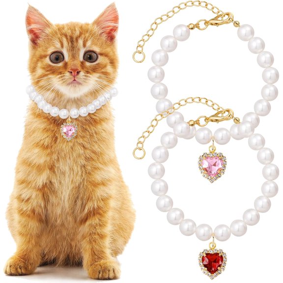 XiaoEn 2pcs Cat Dog Pearl Collar, Small Heart Shape Rhinestone Pet Necklace, Adjustable Wedding Party Pet Jewelry Accessories for Puppy Small Cats-kitten