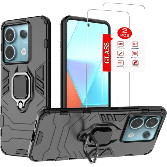 for XiaoMi RedMi Note 13 PRO 5G【Not fit 4G】Case with [2 Pack] Tempered Glass Screen Protector, XiaoMi RedMi Note 13 PRO 5G [Military-Grade] Protective ，Lens Protects Magnetic Kickstand Case